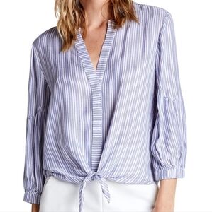 Michael Stars Kendra tie front balloon  sleeve shirt blue white small